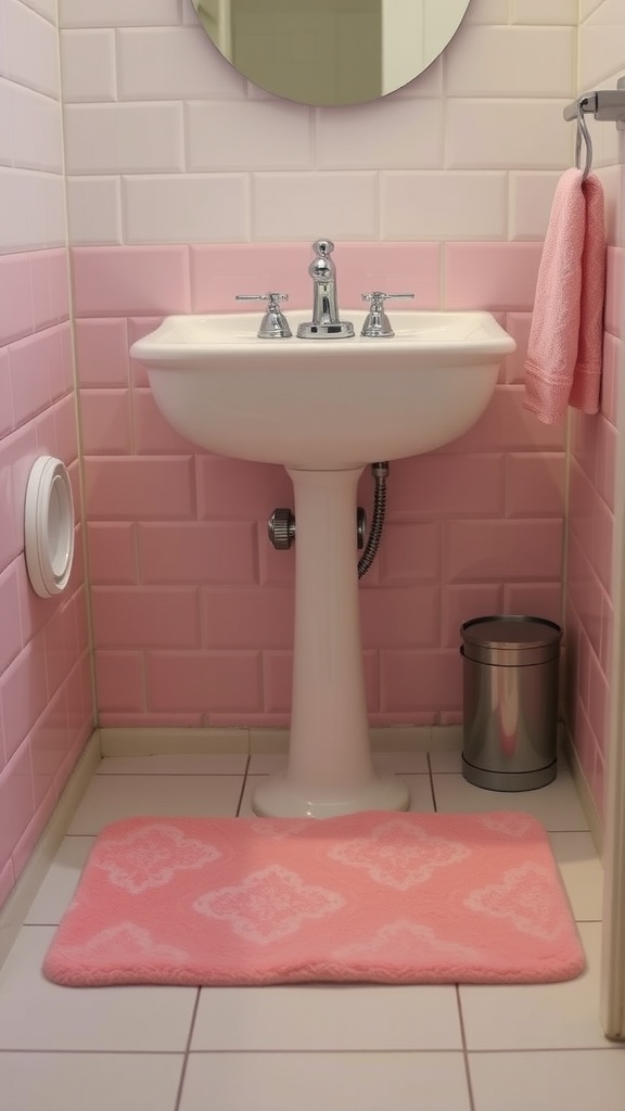 A pink floor mat with a delicate pattern in front of a white sink in a pink retro bathroom.