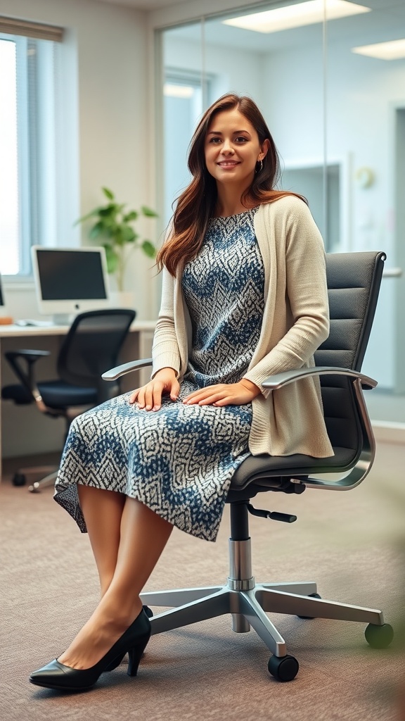 A woman sitting in an office wearing a patterned shift dress and a cardigan, exuding a business casual vibe.