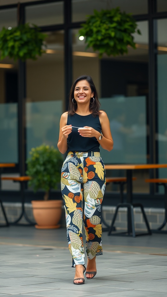 A woman wearing patterned trousers and a simple black top, smiling while walking outdoors.