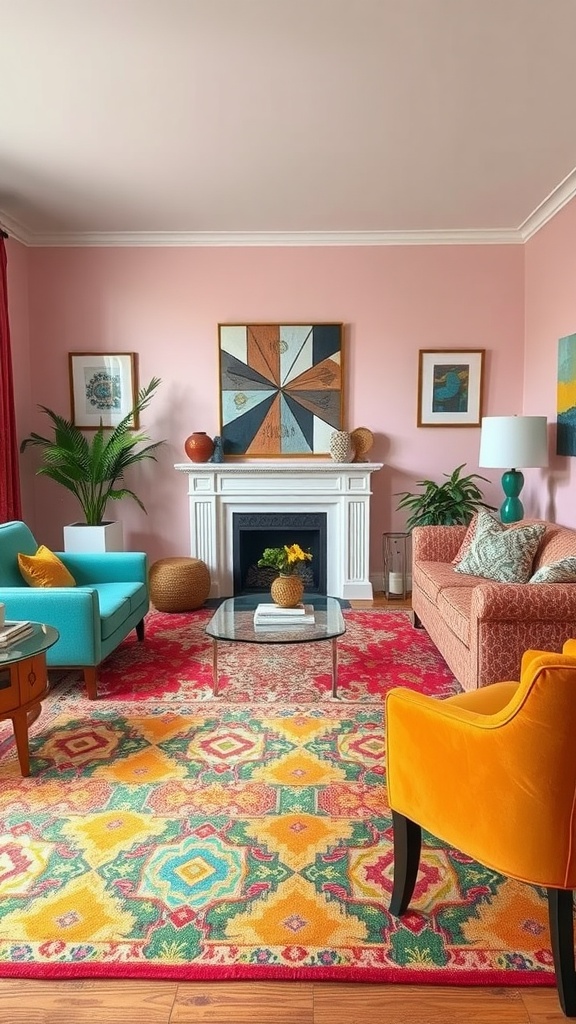 Vibrant patterned rug in a colorful living room with teal and orange chairs.