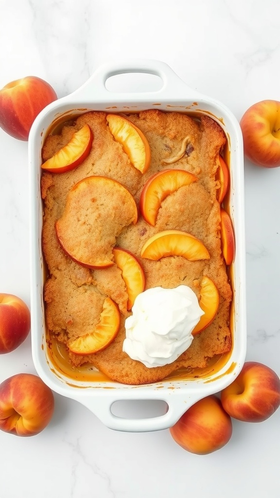 A delicious Peach Cobbler Dump Cake with slices of peaches and whipped cream.
