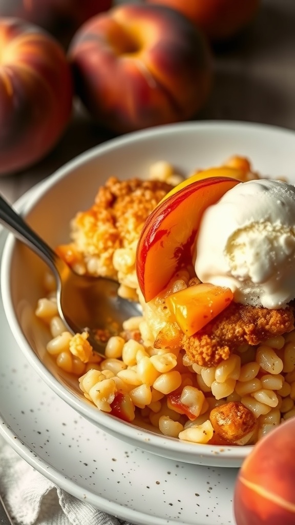 A bowl of peach cobbler sweet rice dessert topped with fresh peach slices and ice cream.