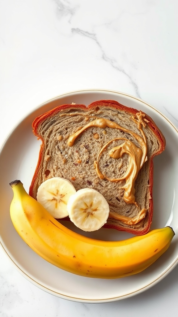Peanut butter banana sandwich on whole grain bread with banana slices