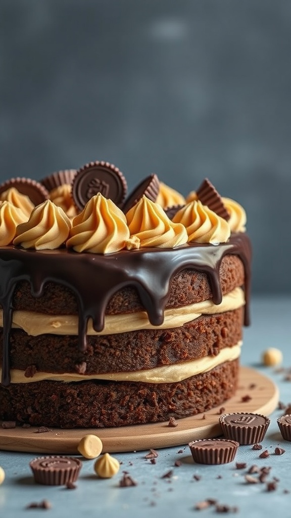 A layered peanut butter cup cake topped with chocolate ganache and decorative frosting.