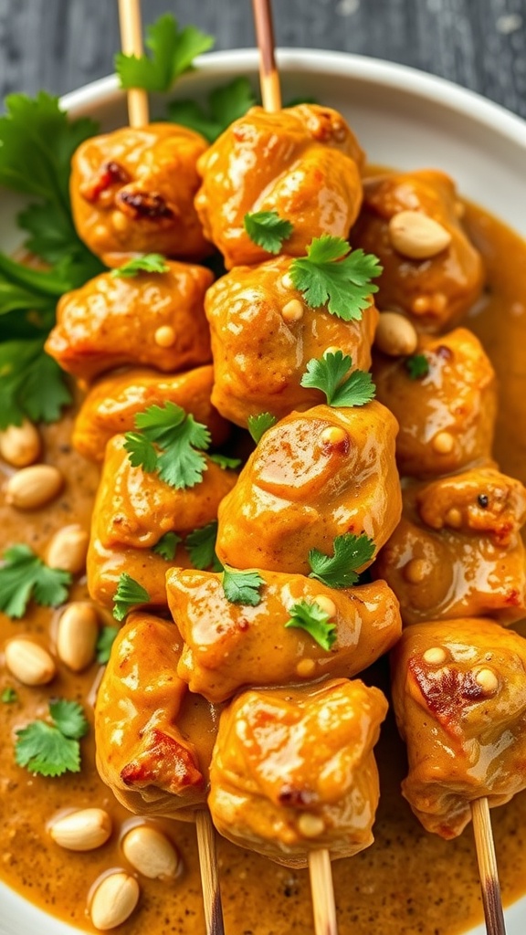 Peanut Satay Chicken Kabobs on skewers garnished with cilantro and peanuts