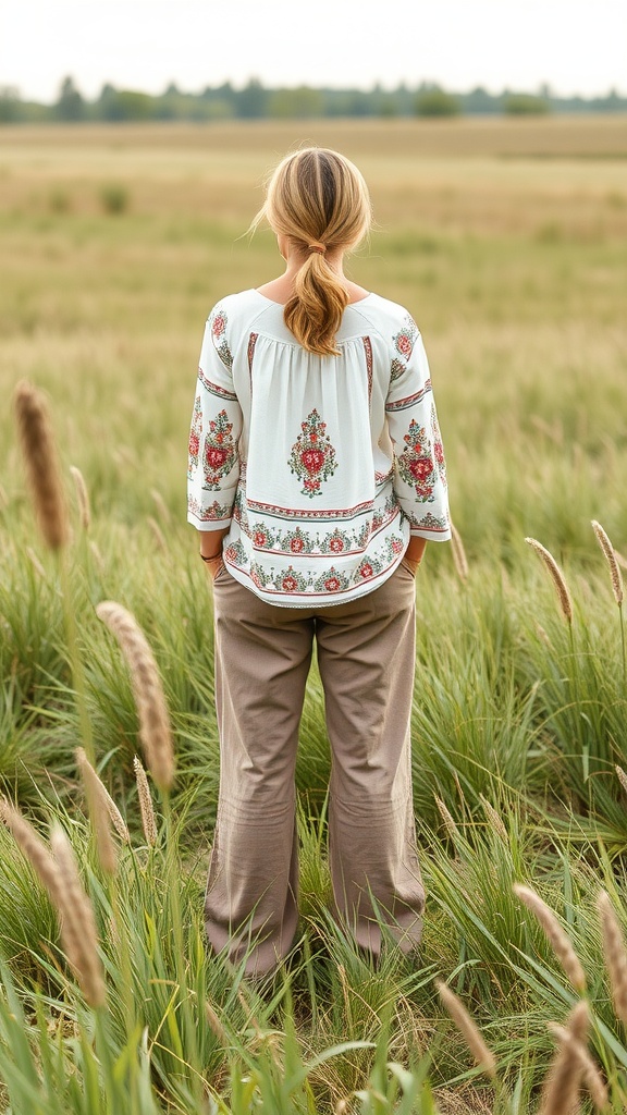 A person standing in a field wearing a floral peasant blouse and wide-leg pants.