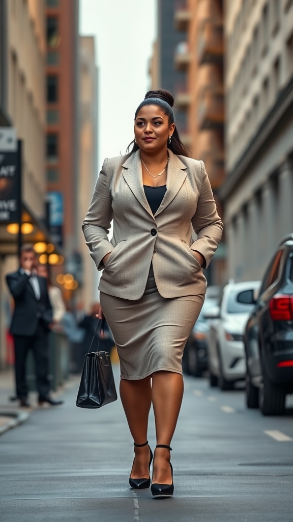 A woman confidently walking in a city, wearing a beige pencil skirt and a matching blazer.