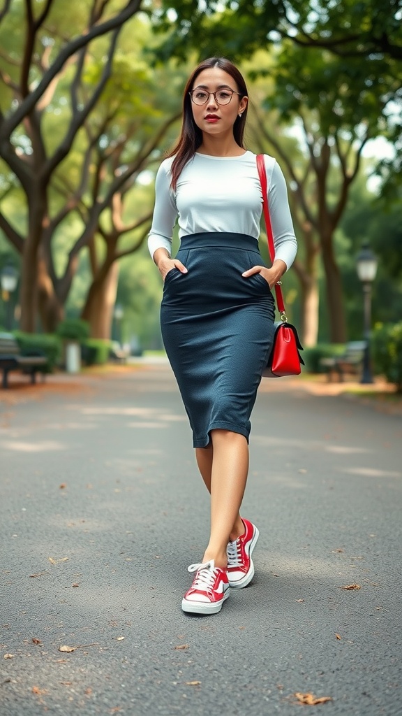 A woman walking in a park wearing a pencil skirt and casual sneakers