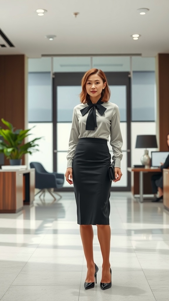 A woman in a fitted black pencil skirt and a light gray blouse with a bow tie, standing confidently in an office setting.