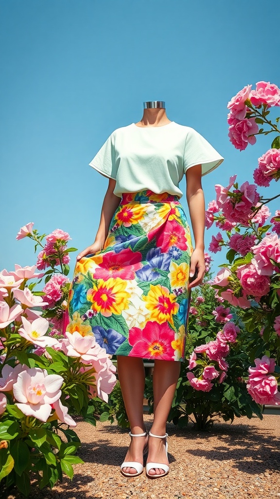 A person wearing a floral pencil skirt and light top, surrounded by pink flowers in a sunny garden.