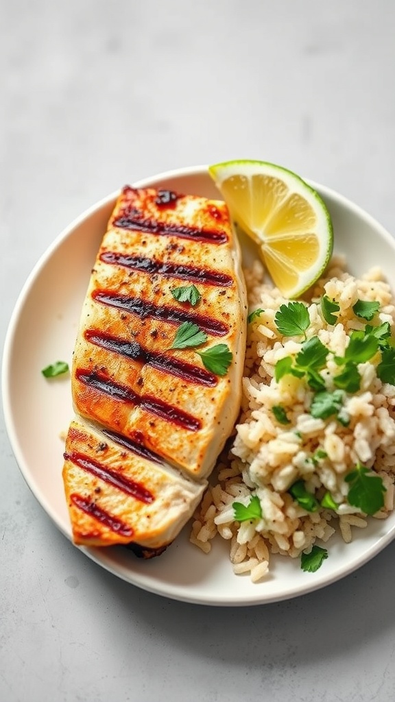 A plate featuring grilled fish with cilantro lime rice and lime wedges.