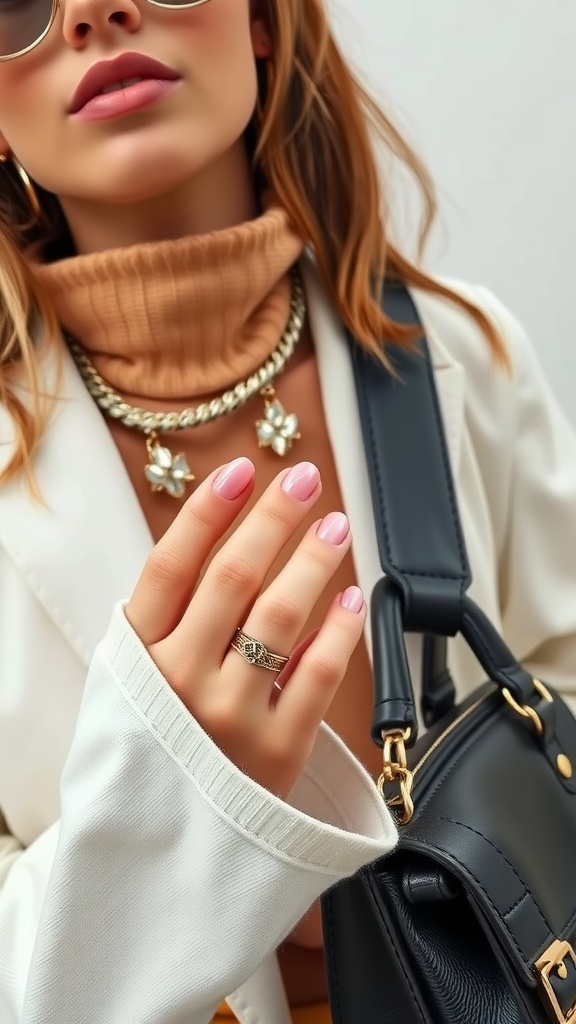 A close-up of a woman's hand with light pink chrome almond nails, wearing a white blazer and gold jewelry, holding a black handbag.
