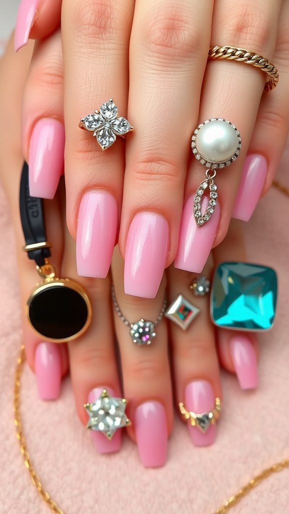 Close-up of hands with pink chrome French tip nails adorned with various rings and accessories.