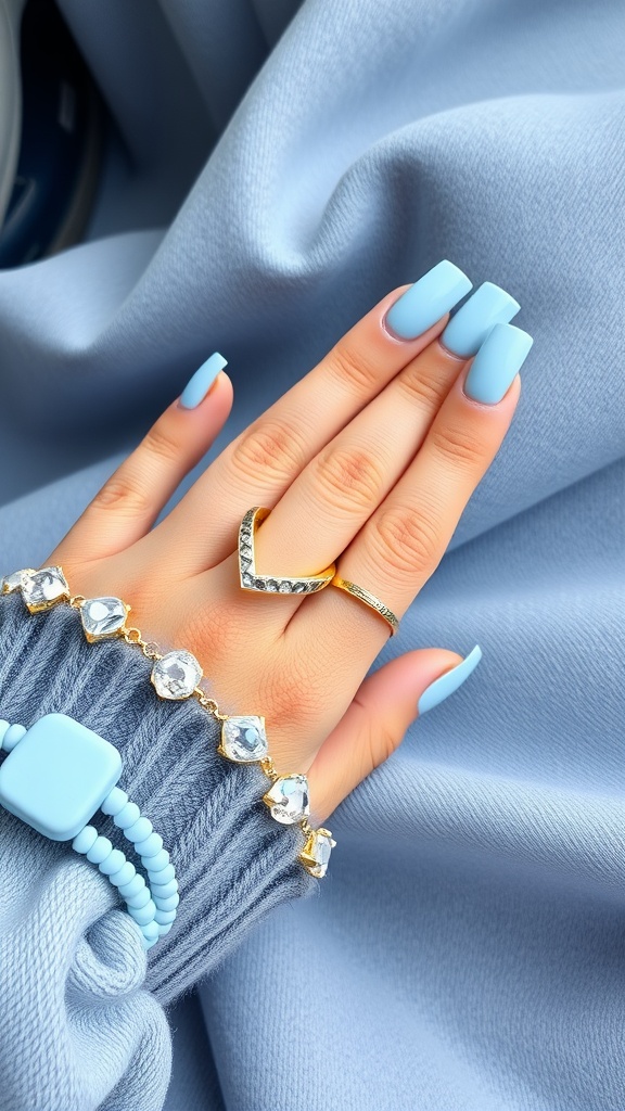 A close-up of hands with light blue square nails, wearing a cozy sweater, gold rings, and blue accessories.