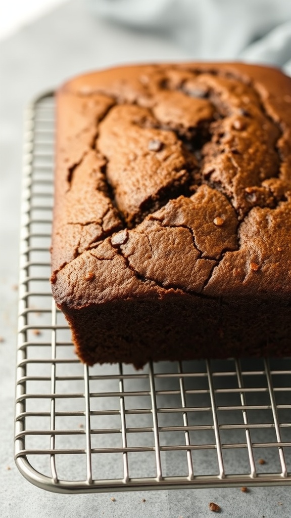 A loaf of chocolate banana bread cooling on a wire rack.