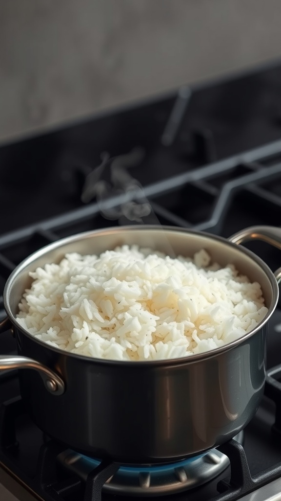A pot of fluffy white rice cooking on a stove