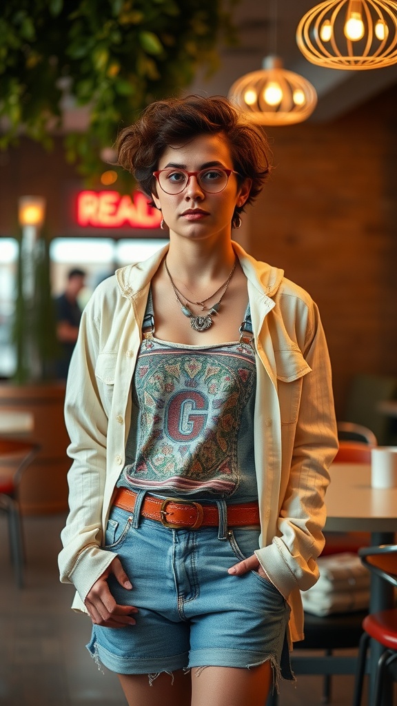 Person wearing a casual outfit with a graphic tank top, denim shorts, and a light button-up shirt, with layered necklaces and an orange belt.