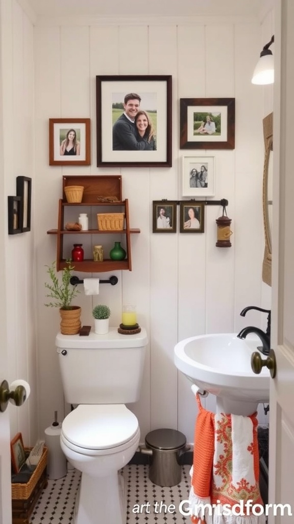 Small farmhouse bathroom with framed photos, plants, and rustic shelving.