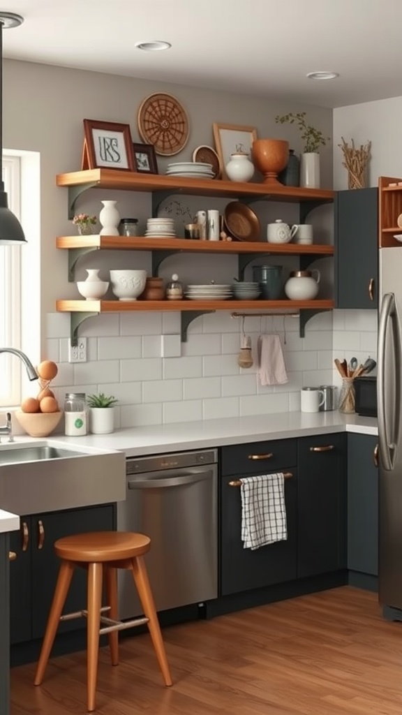 A mid-century modern kitchen featuring open shelves with decorative items, a wooden stool, and a clean countertop.