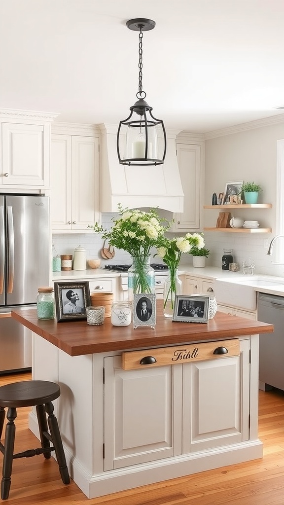 A rustic farmhouse kitchen island with personal touches including family photos and flowers.