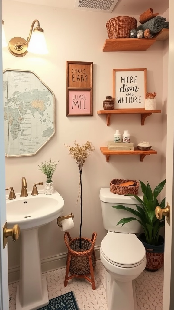 A cozy bathroom with decorative shelves, framed wall art, and stylish decor.