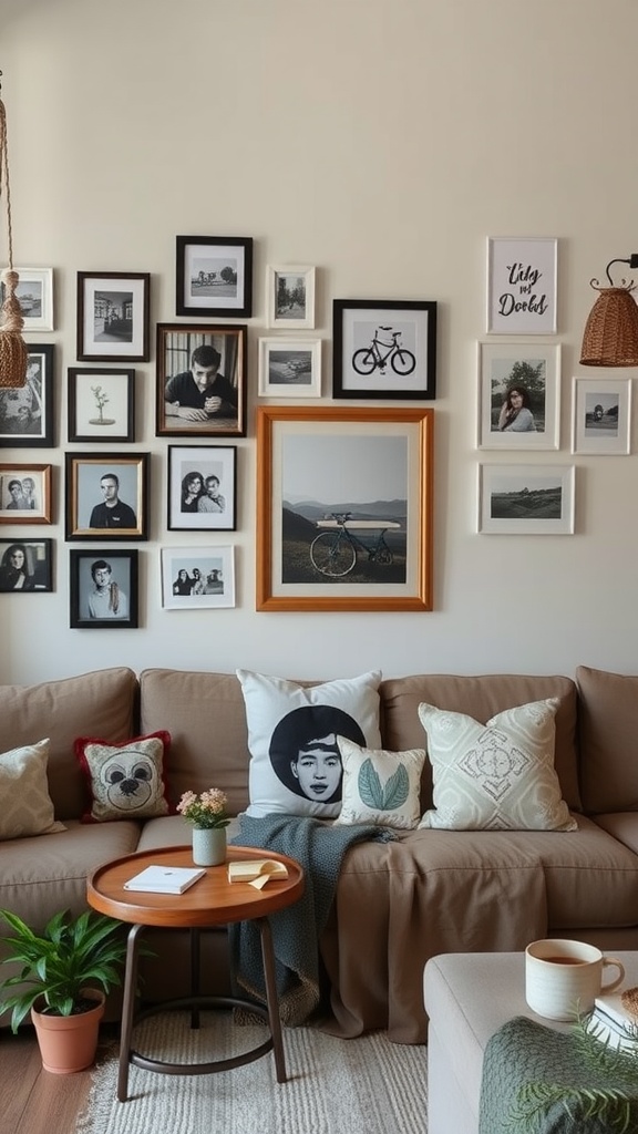 Coastal casual living room with a collection of framed photos, cozy pillows, and a small coffee table.