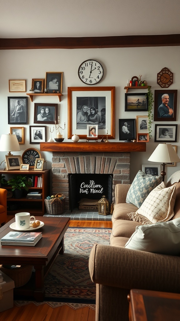A cozy living room with a fireplace, family photos on the wall, and comfortable seating.