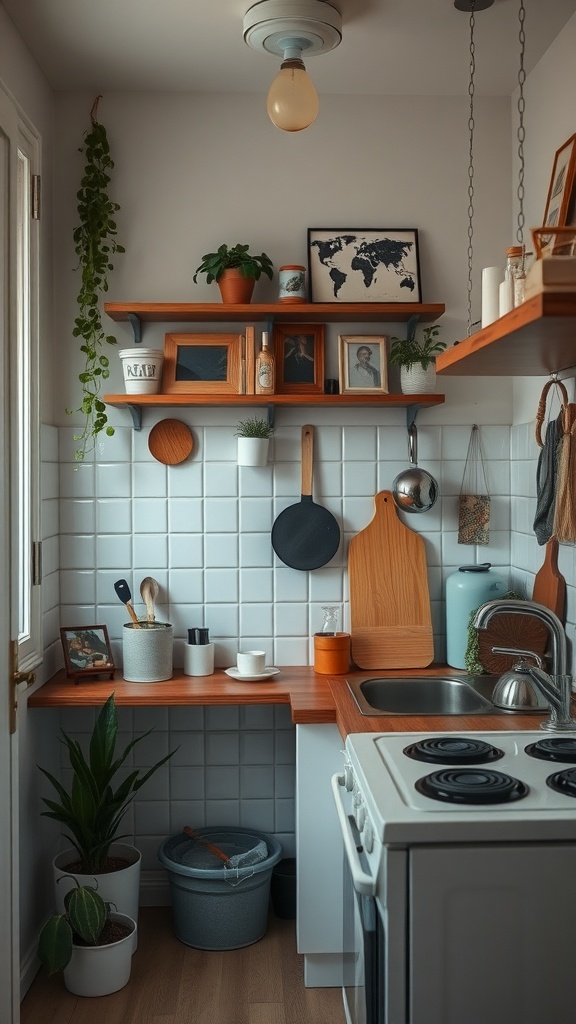 Cozy small kitchen with plants and personal decor.