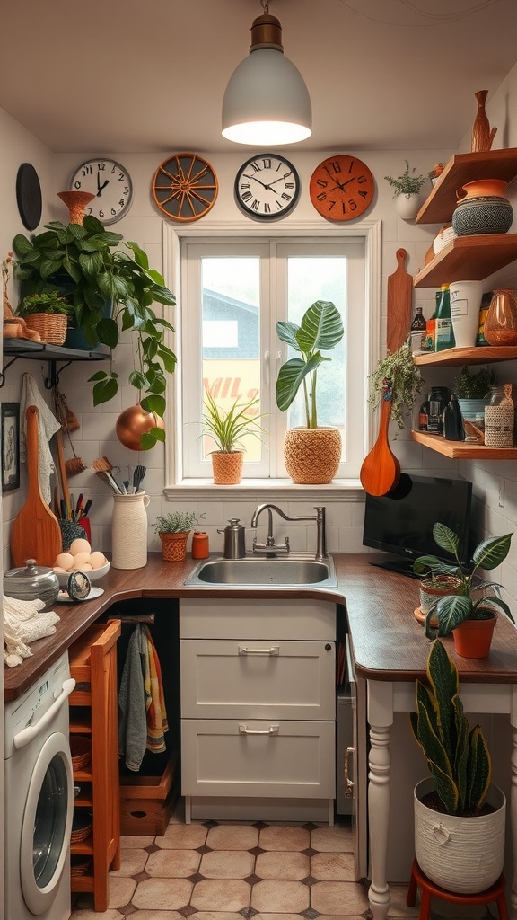 A cozy small kitchen with colorful clocks, plants, and open shelving.