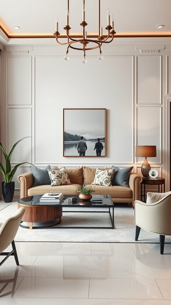 A luxury living room featuring a cozy sofa, stylish coffee table, and elegant chandelier, complemented by personalized accent pieces.