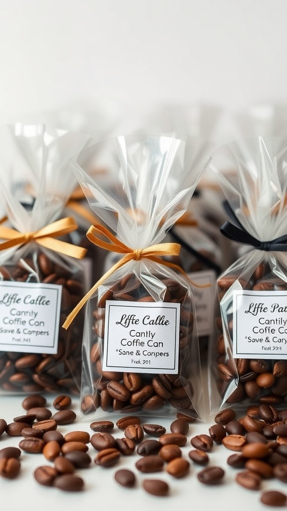 Bags of personalized coffee beans with ribbons and labels