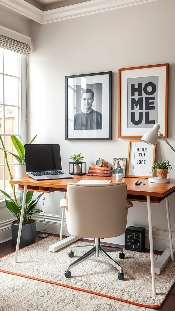 A modern home office with a desk, chair, plants, and framed art on the wall.