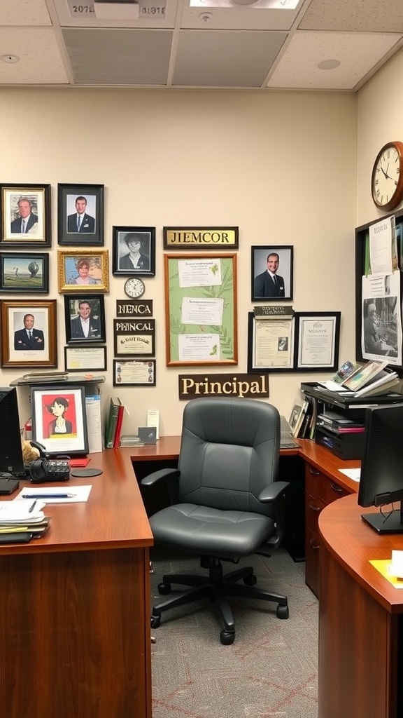 Principal's office with personalized decor elements, including framed photos and a 'Principal' sign.