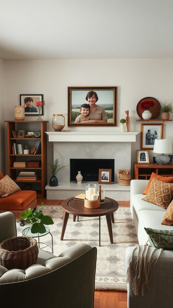 A cozy living room featuring personalized decor elements, including family photos and warm furnishings.