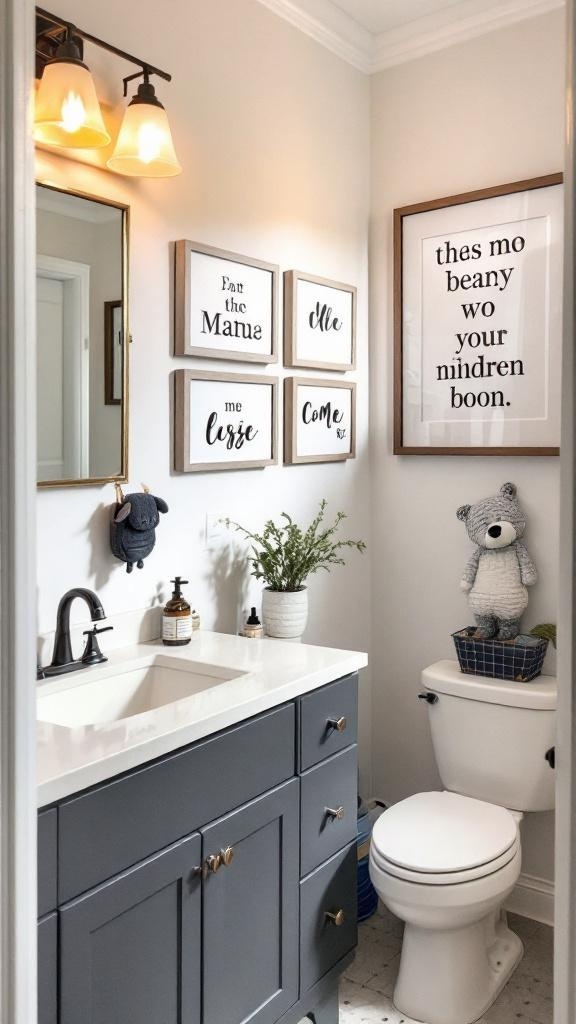 A colorful kids bathroom featuring framed prints with playful quotes, a teddy bear, and a small plant.