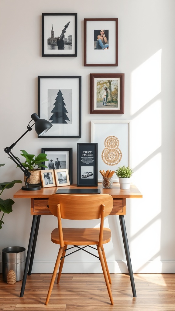 Cozy small home office with framed photos and a wooden desk.
