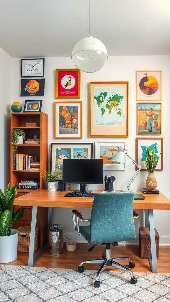 A stylish home office featuring a wooden desk, a computer, colorful wall art, plants, and decorative shelves.