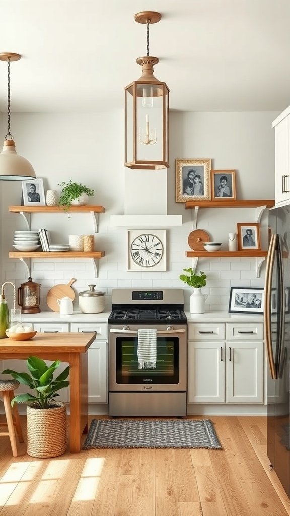 A cozy modern farmhouse kitchen featuring wooden shelves, decorative items, and a warm color palette.