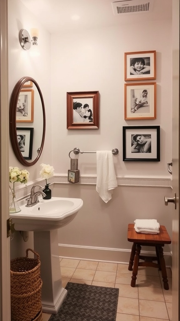 A cozy guest bathroom featuring a circular mirror, black and white photographs, a pedestal sink, fresh flowers, and a wooden stool.