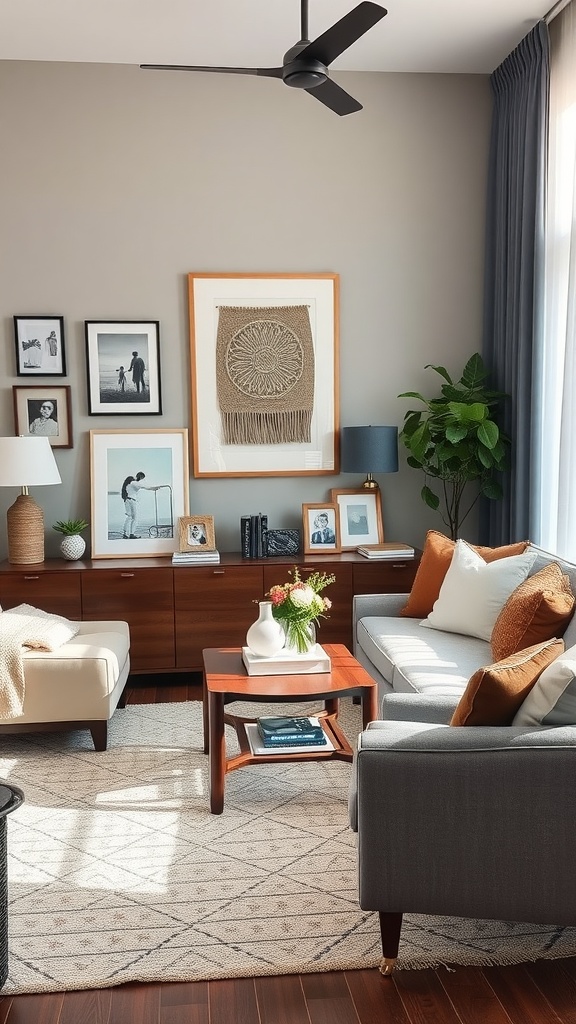 A contemporary living room featuring a cozy sofa, art on the wall, plants, and decorative touches.