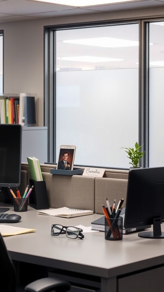 A well-organized cubicle with personalized desk accessories, including a small plant, pens, and a photo.