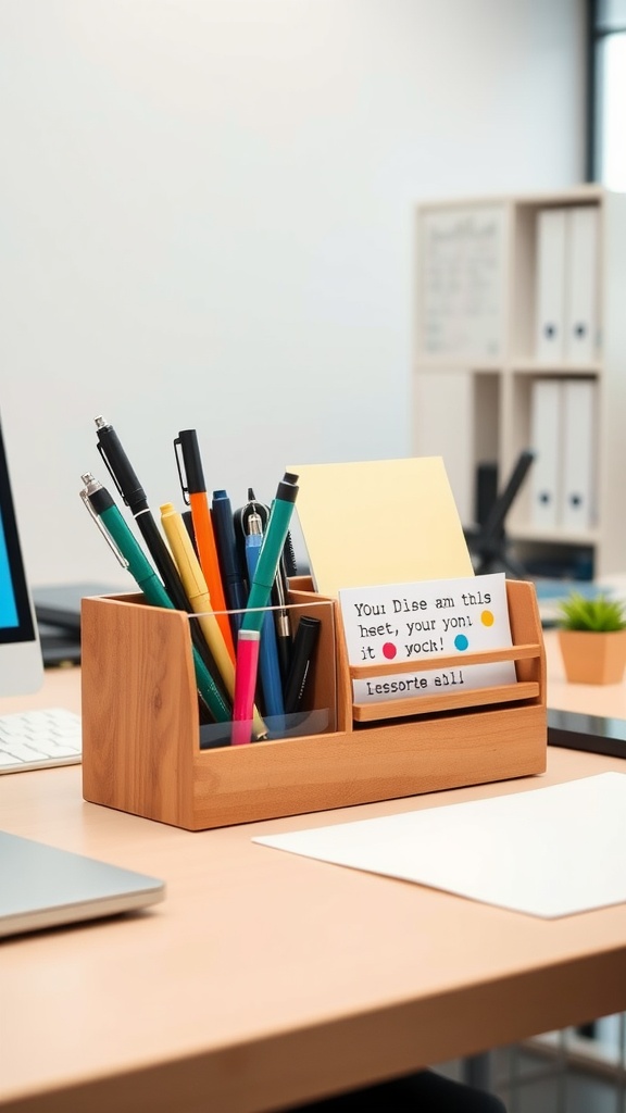 A wooden desk organizer filled with colorful pens, pencils, and sticky notes on an office desk.