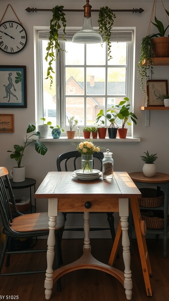 A cozy small kitchen table with a rustic wood top and white base, surrounded by plants and decorative items.