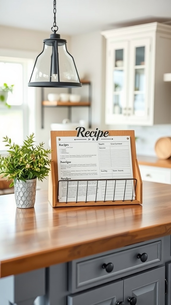 A personalized family recipe holder on a kitchen island, featuring a small plant and modern design.