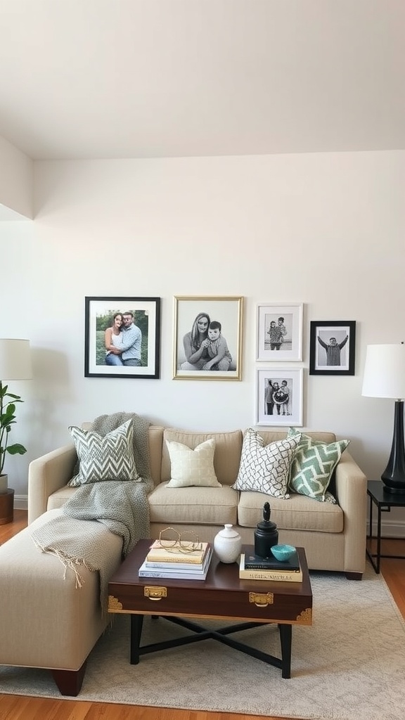 A cozy living room with family photos on the wall, colorful pillows on the couch, and a stylish coffee table.