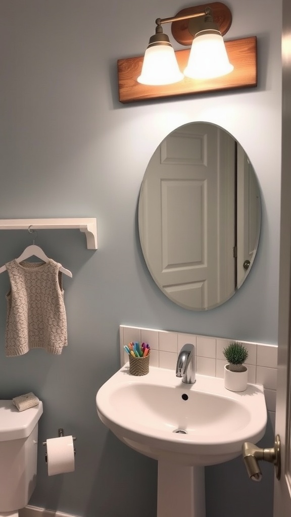 A cozy kids bathroom with a light blue wall, a round mirror, and a warm light fixture, perfect for personalized decor.