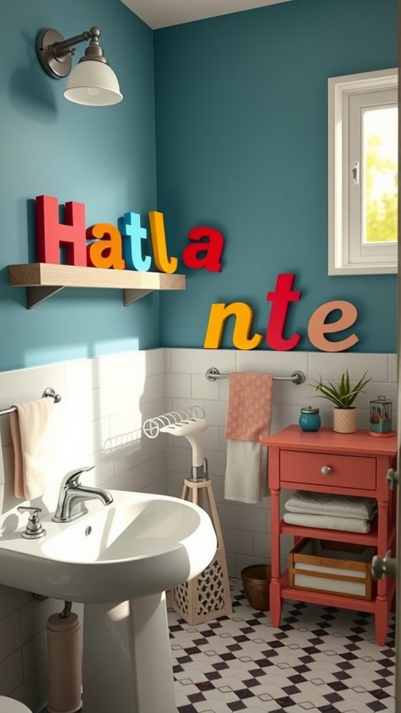 A colorful kids bathroom with personalized name signs on the wall.