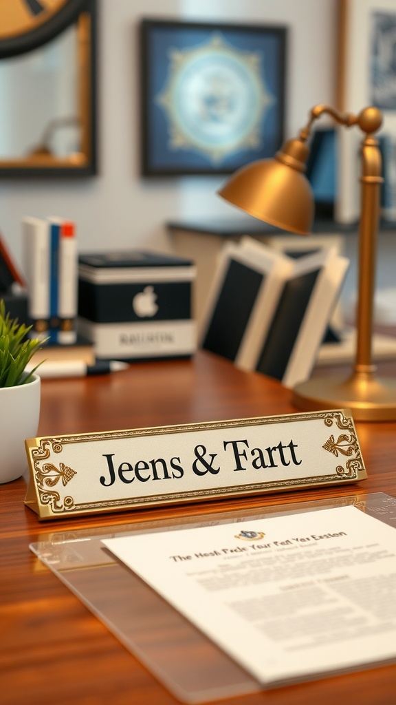 Personalized nameplate reading 'Jeens & Tartt' on an office desk