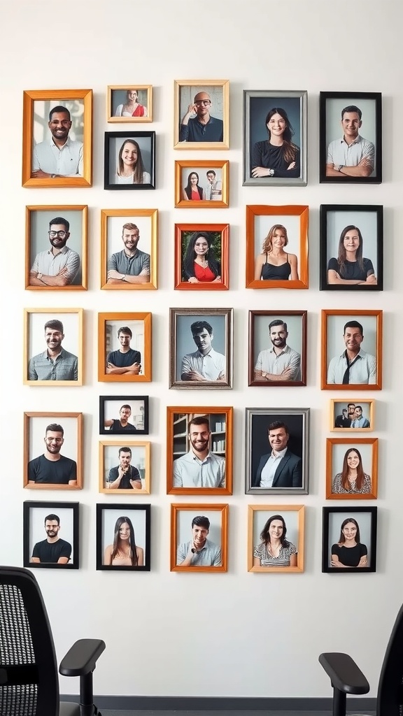 A wall filled with framed portraits of various people in an office setting.