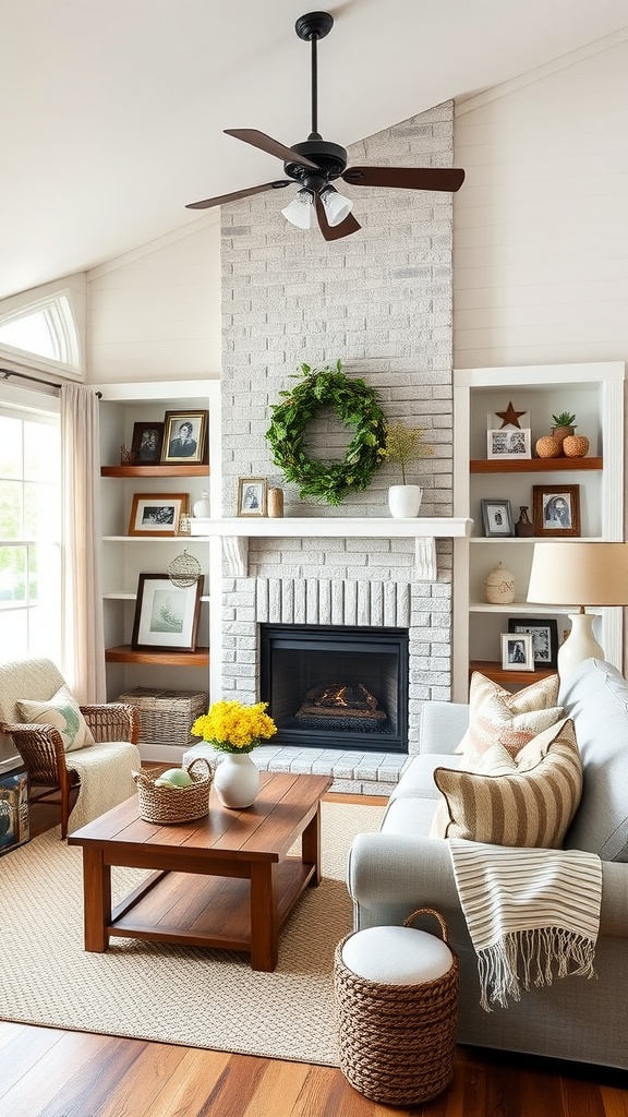 A cozy farmhouse living room featuring a fireplace, family photos, and comfortable seating.
